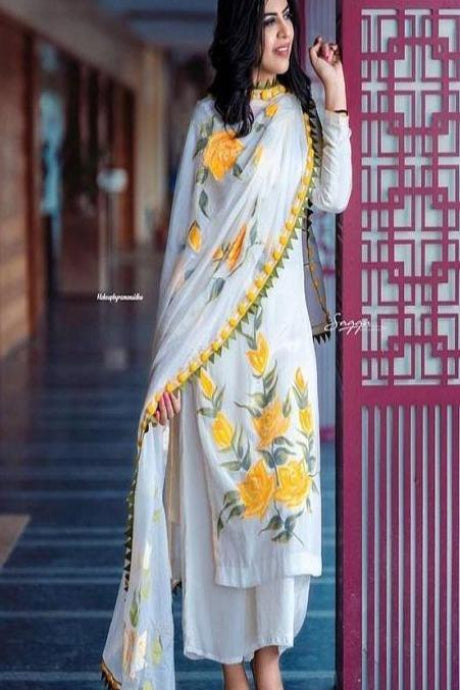 White Color Festival Wear Hand Printed Pure Crepe White Suits