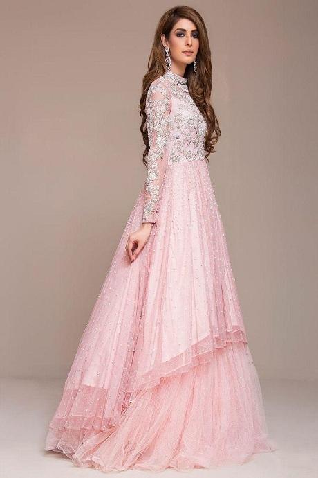 Blush Pink Heavy Embroidered Net Gown with Layered Flare