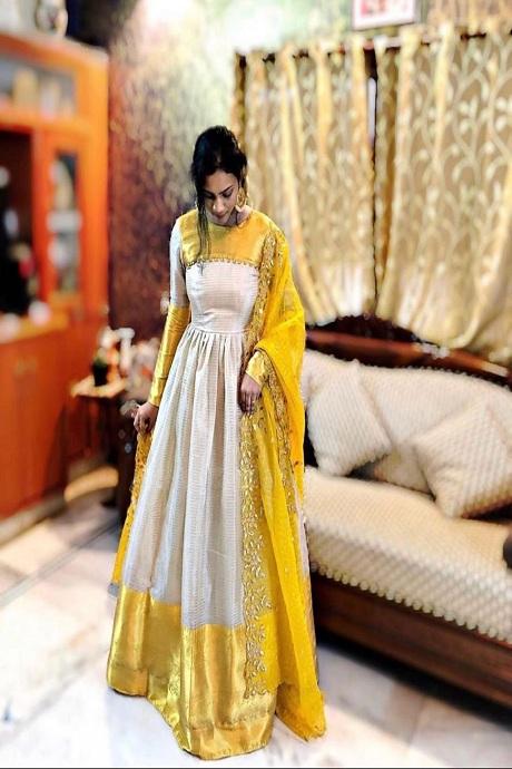 Ivory Anarkali Gown with Mustard Yellow Embroidered Dupatta