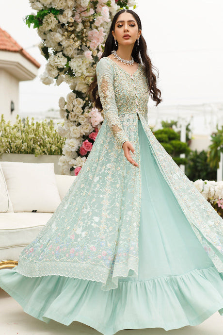 Admirable Sky Blue Color Round Flair Party Wear South Silk Gown