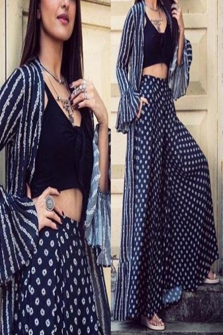 Black & Indigo Printed Indo Western Co-Ord Set with Shrug