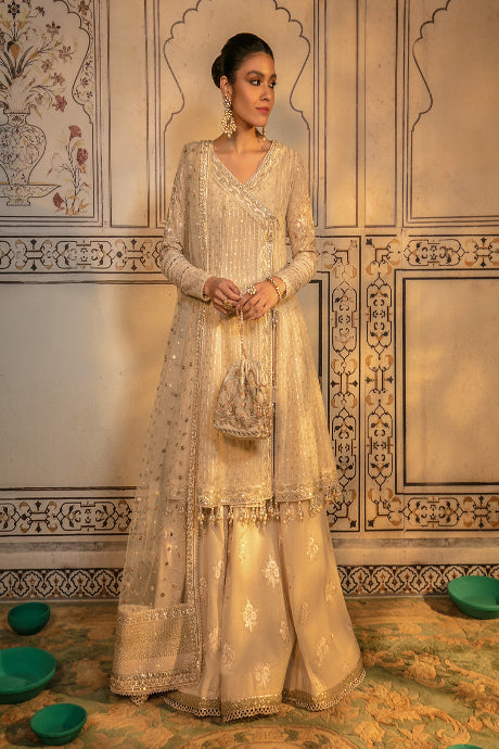 Ivory Gold Embroidered Pakistani Angrakha with Sharara & Dupatta