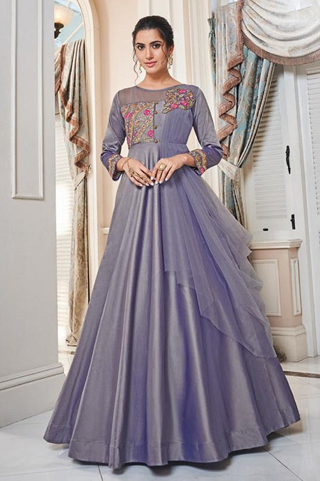 Grey Designer Anarkali Gown with Floral Embroidered Yoke