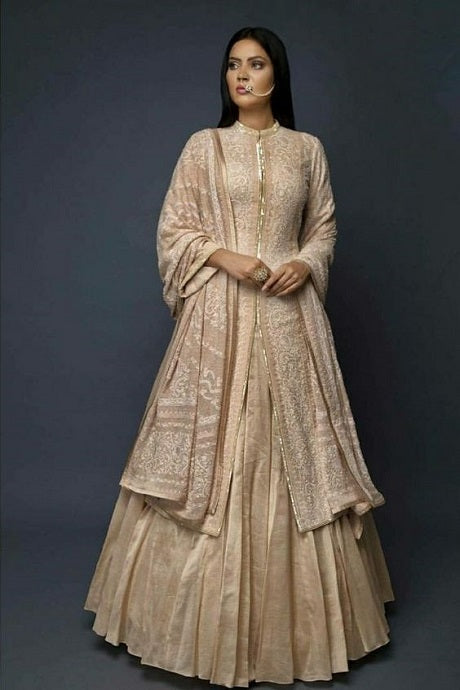Beige Embroidered Designer Anarkali Gown with Dupatta