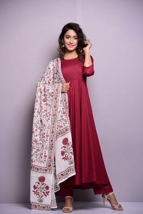 Maroon Solid Anarkali Suit with Floral Printed Dupatta