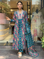 Teal Blossom Viscose Suit Set