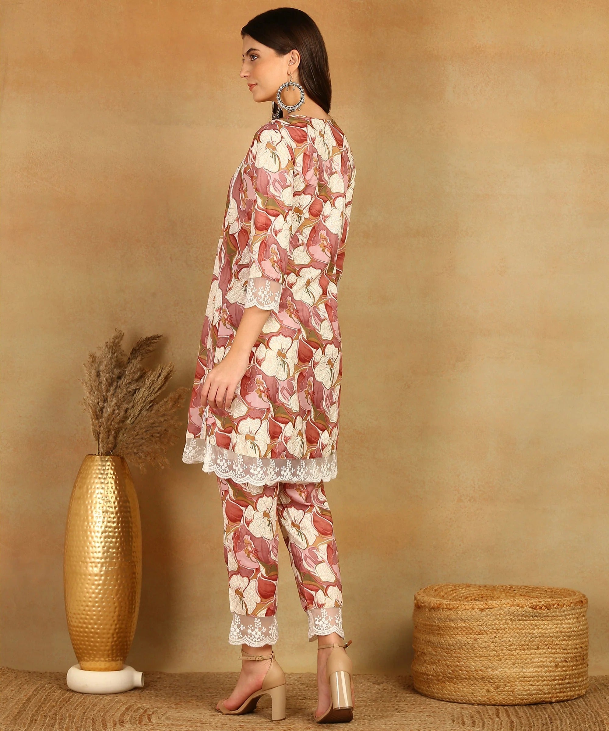 Pink Pure Muslin Foil Print Co-ord Set Fabric-Muslin