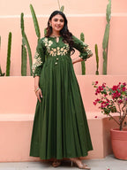 Zehra Olive Bloom Cotton Anarkali Gown