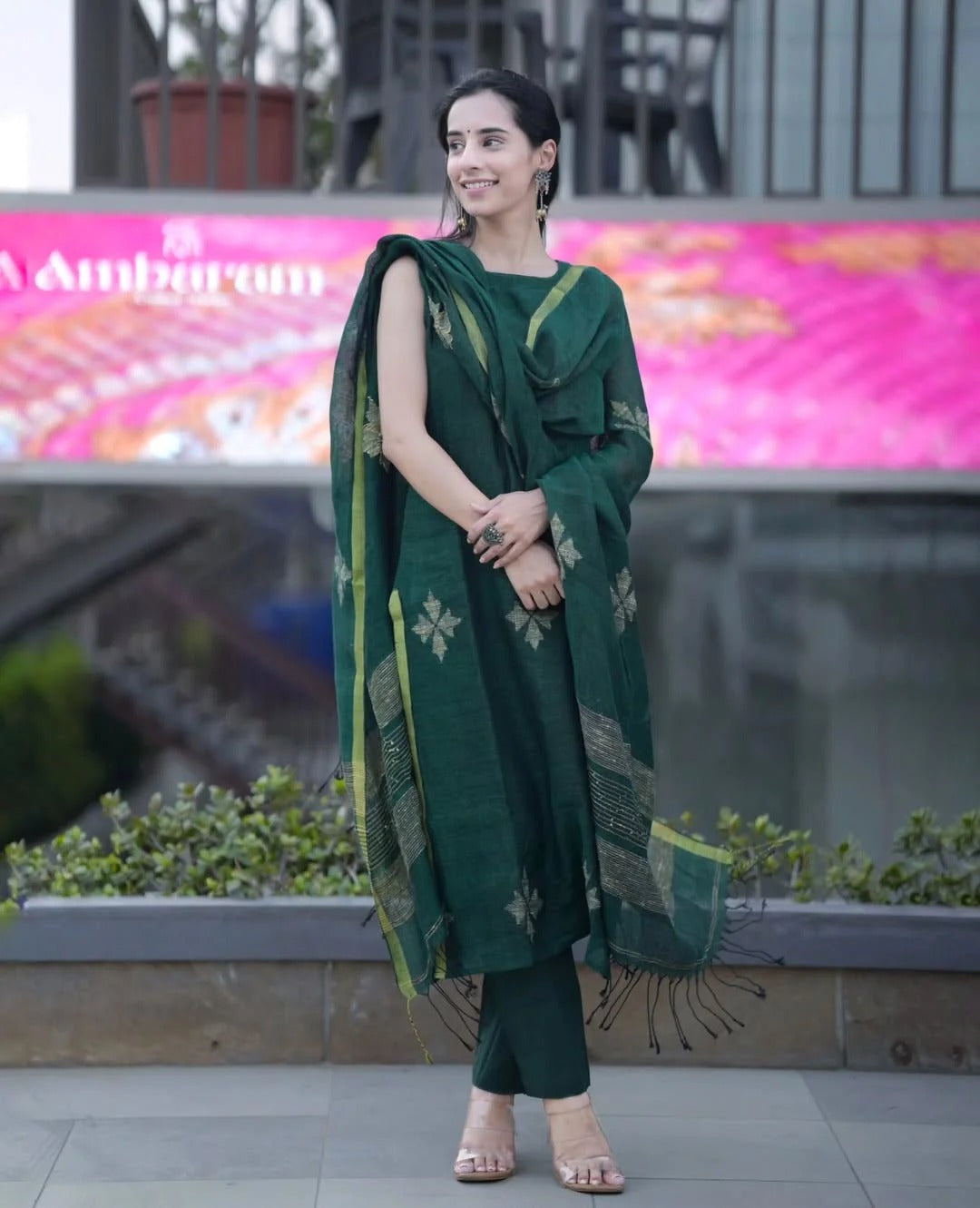 Green Linen Full Kurta Set