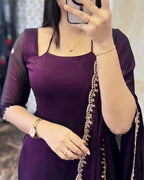 Petal Grace Cotton SuitaDARK PURPLE GEORGETTE STRAIGHT CUT KURTI WITH LINING AND DUPPATTA SET