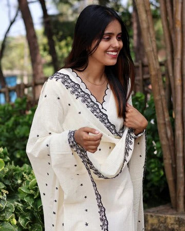Soft Cotton Kota Doria Designer Suit With Lining And Heavy Embroidered Dupatta