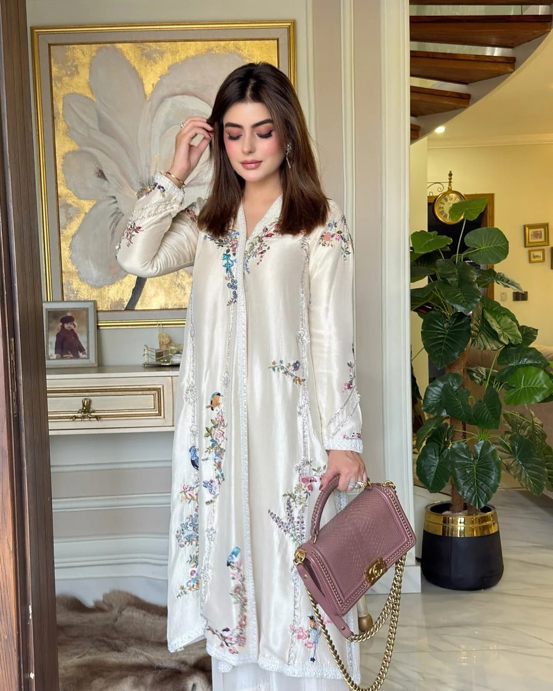 Soft White Chogha With Beautifully Colored Finely Hand-Embroidered