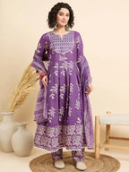 Women€™s Viscose Purple Anarkali Kurta and Pant Set with Dupatta
