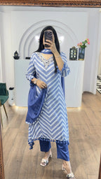 Blue Zig Zag Printed Handwork HighLow Kurti