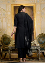 Black Cotton Embroidered Kurta Set with Dupatta