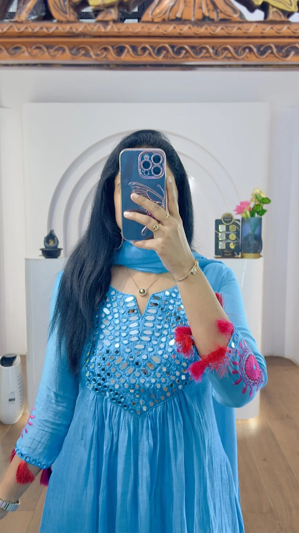 Sky Blue Mul Chanderi Mirrors Handwork Suit Set