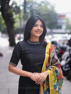 Ethnic Look In Our Black Raw Silk Lace Work Kurta Set