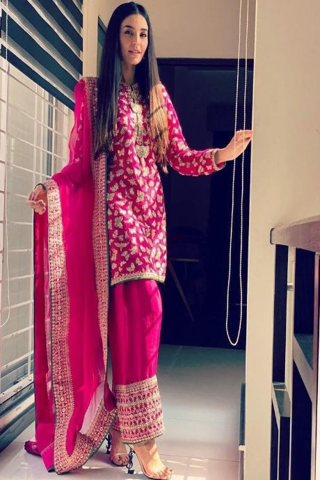 Hot Pink Embroidered Straight Suit with Palazzo & Dupatta