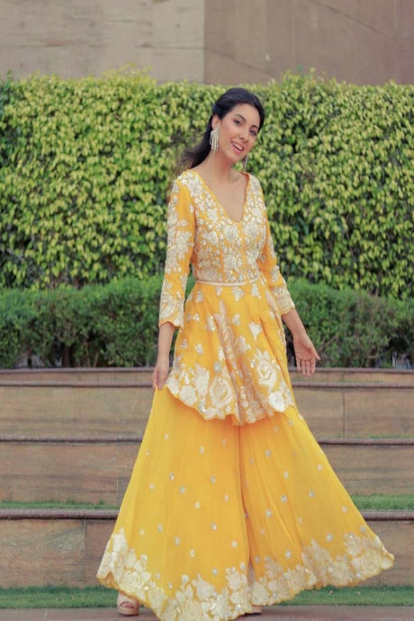 Mustard Yellow Embroidered Peplum Sharara Suit