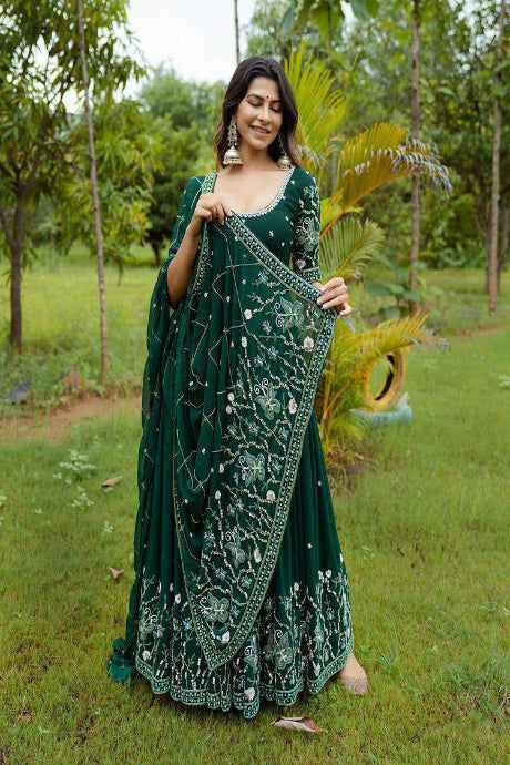Bottle Green Embroidered Anarkali Gown with Net Dupatta