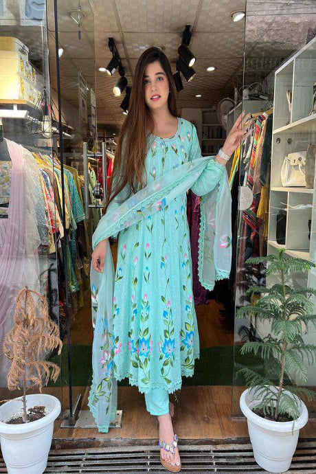 Mint Green Floral Embroidered Salwar Suit with Dupatta