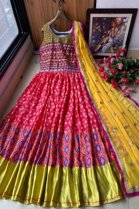 Multicolor Ikat Printed Anarkali Gown with Yellow Dupatta