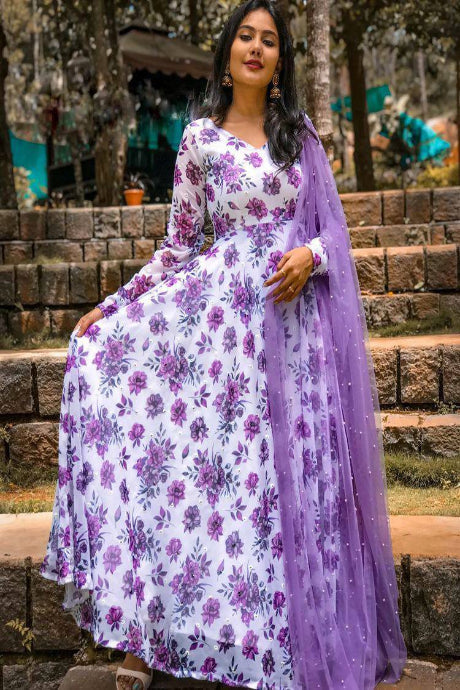 Fancy purple color Party Wear Embrodiery Work gown For Girls