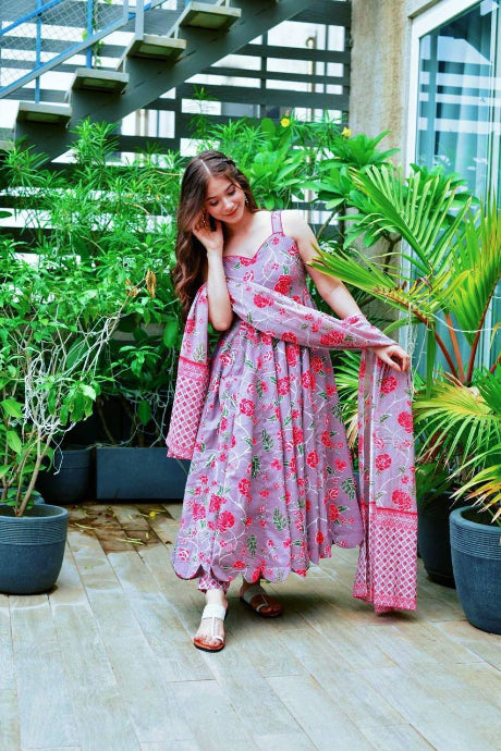 Grey & Pink Floral Printed Anarkali Dress with Dupatta
