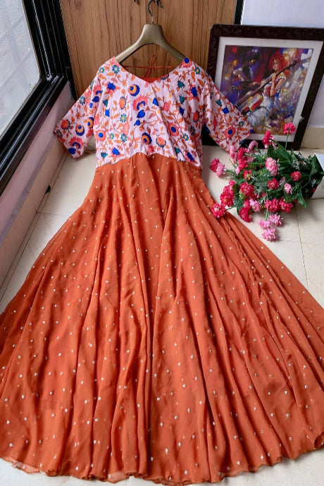 multi color Ruffel Frill Anarkali Semi Stitched Jardoshi Embroidery Work Art Silk gown for women