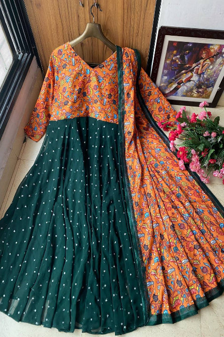 Bottle Green Anarkali Gown with Orange Floral Printed Yoke & Dupatta