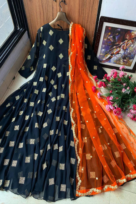 Black Anarkali Gown with Gold Motifs & Orange Net Dupatta