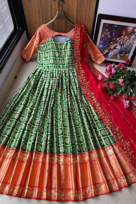 Green Printed Anarkali Gown with Copper Border & Red Embroidered Dupatta