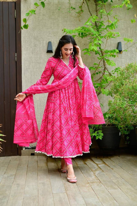 Hot Pink Bandhani Printed Anarkali Suit with Dupatta