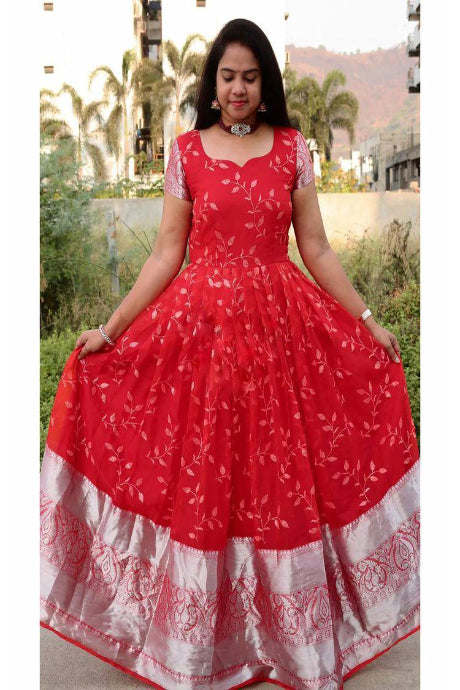 Classic Red Floral Printed Anarkali Gown with Silver Zari Border