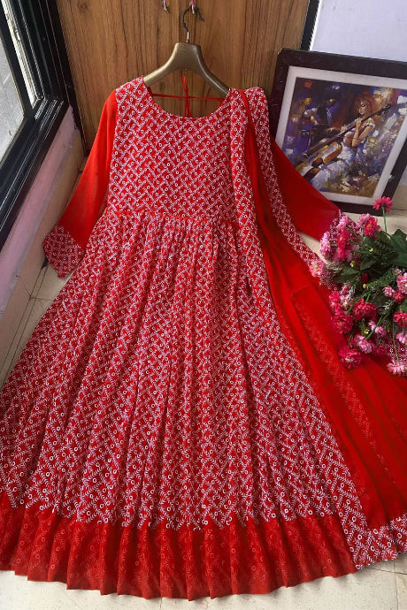 Bright Red Embroidered Anarkali Gown with Dupatta