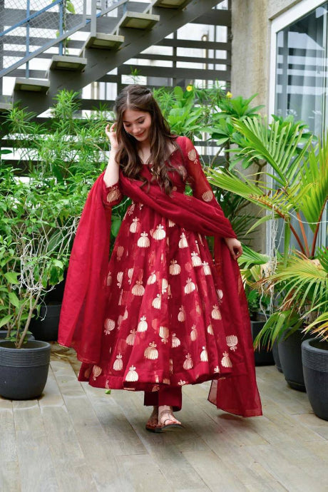 Maroon Printed Anarkali Suit with Dupatta