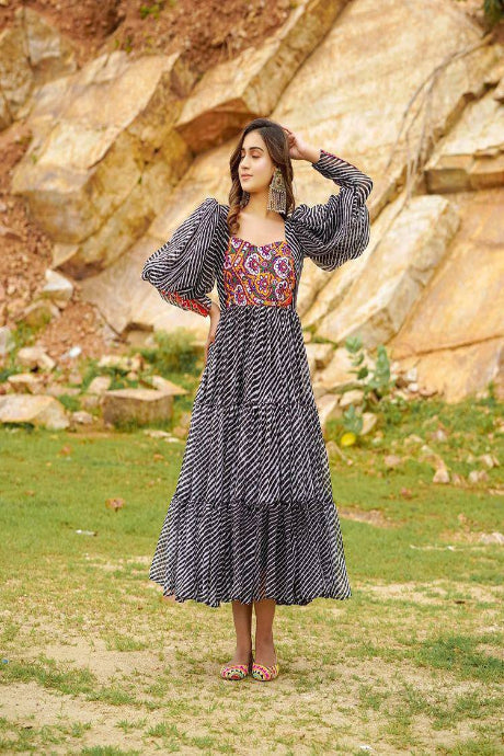 Black & White Chevron Printed Anarkali Dress with Embroidered Yoke